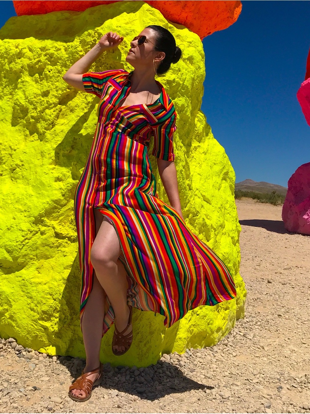 Striped Multicolor Maxi Shirt Dress with Short Sleeves